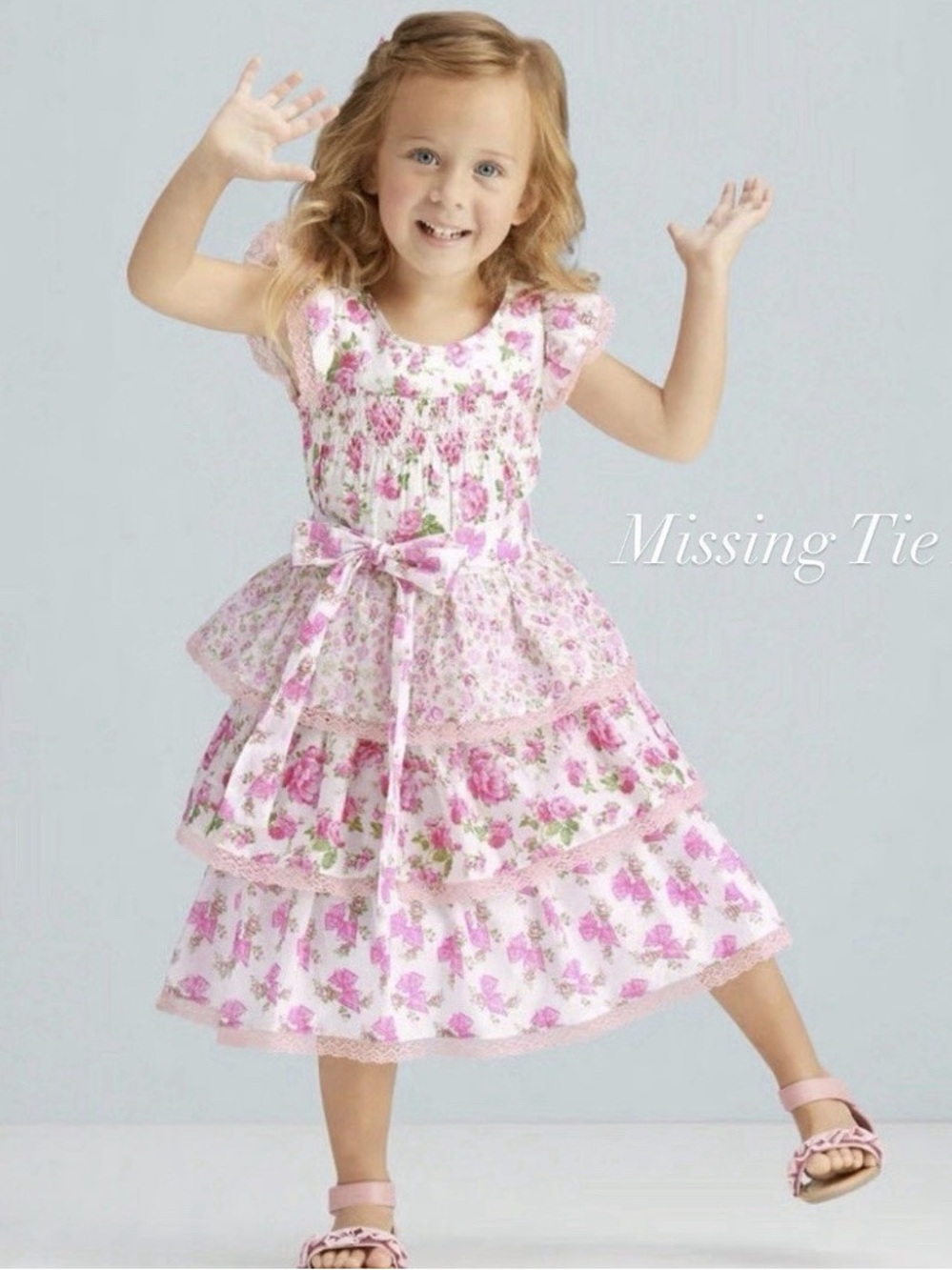 American Girl White and Pink Floral Tiered Ruffle Dress